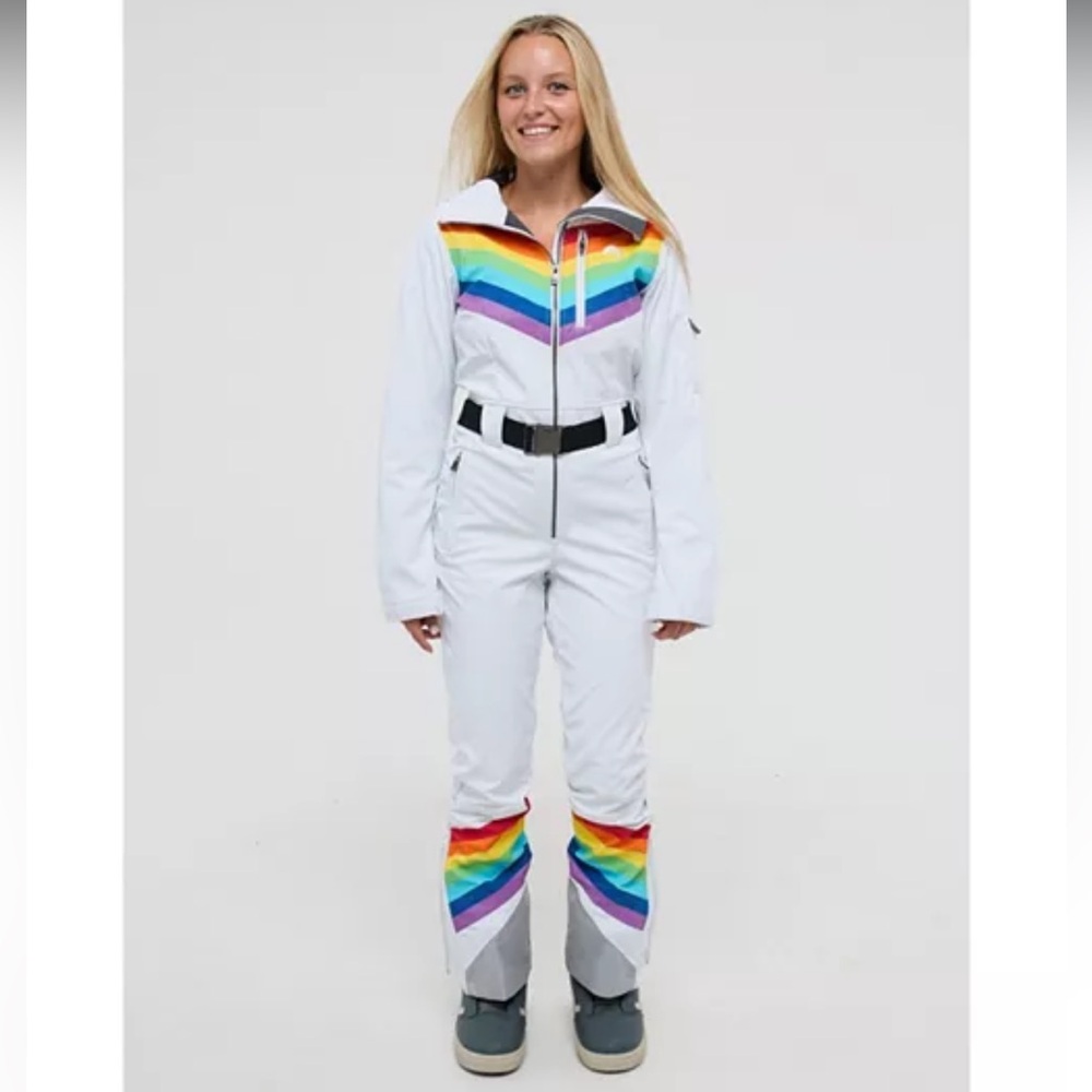 White Women's Ski One-Piece Suit with Rainbow Chevron Accents